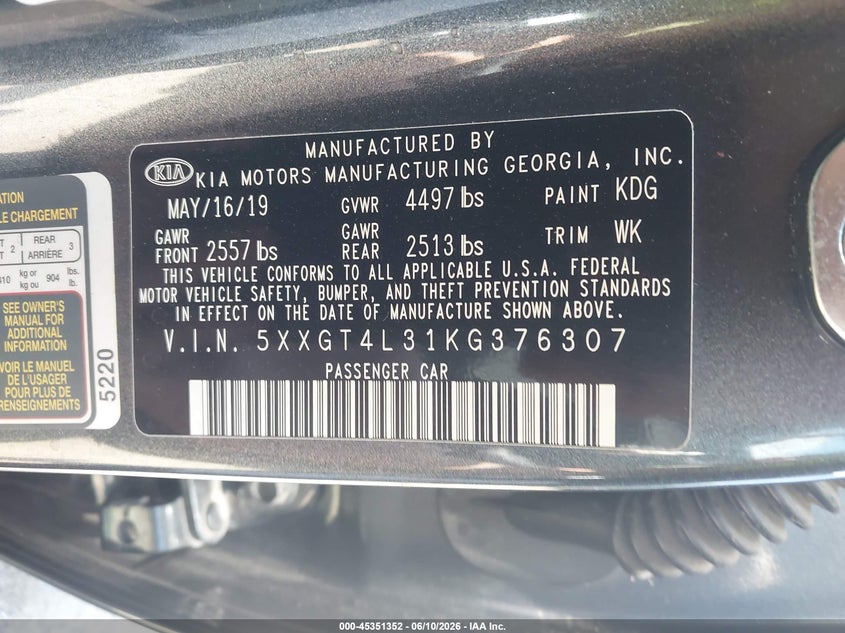 2019 Kia Optima VIN 5XXGT4L31KG376307 IAAI salvage auction — FRONT END, Salvage Title, sold $2,850 on 2026-07-29 (photo 9)