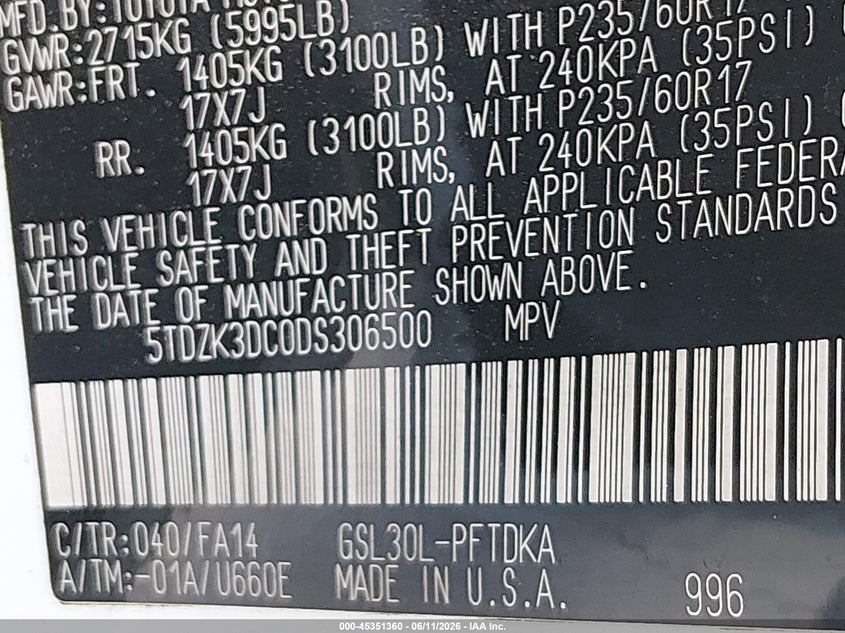 2013 Toyota Sienna VIN 5TDZK3DC0DS306500 IAAI salvage auction — NORMAL WEAR, Original (Texas), sold $2,300 on 2026-07-29 (photo 9)