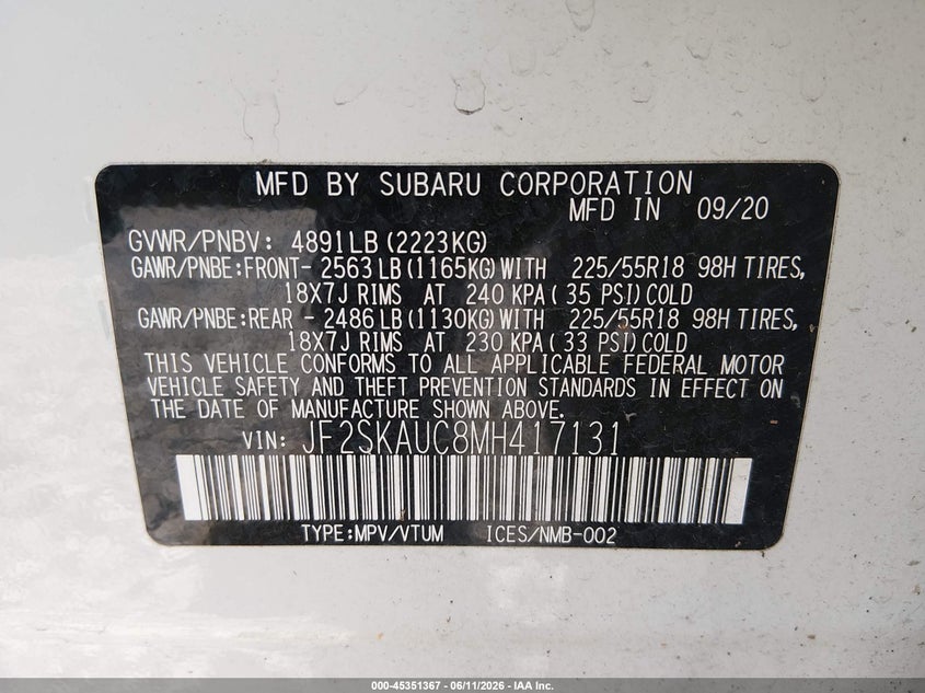 2021 Subaru Forester VIN JF2SKAUC8MH417131 IAAI salvage auction — FRONT END, Bill Of Sale (Washington), sold $4,300 on 2026-07-08 (photo 9)