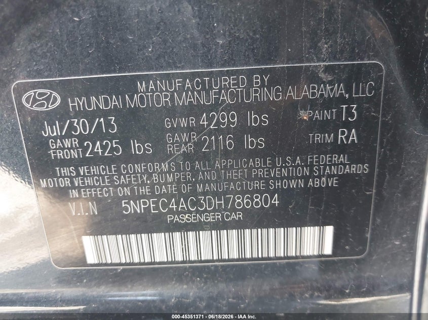 2013 Hyundai Sonata VIN 5NPEC4AC3DH786804 IAAI salvage auction — LEFT SIDE, Salvage (Texas), sold $750 on 2026-07-08 (photo 9)