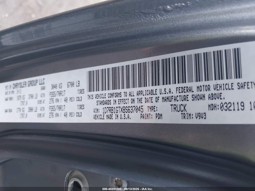 2011 Ram VIN 1D7RB1GTXBS637045 IAAI salvage auction — FRONT & REAR, Salvage Certificate (California), sold $2,950 on 2026-07-31 (photo 9)
