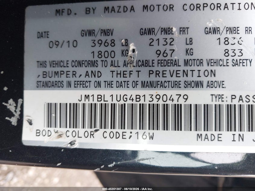 2011 Mazda 3 VIN JM1BL1UG4B1390479 IAAI salvage auction — REAR END, Salvage (Pennsylvania), sold $25 on 2026-07-22 (photo 9)