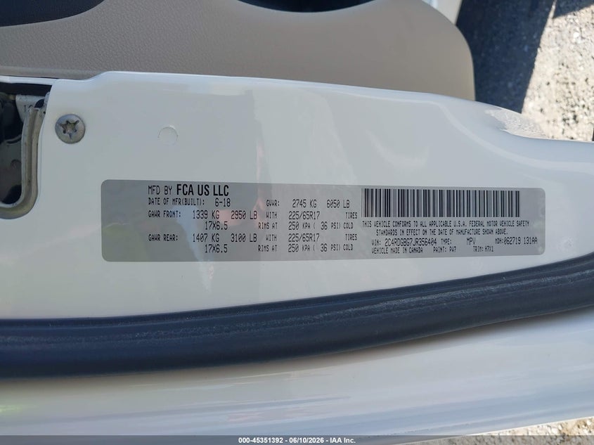 2018 Dodge Grand caravan VIN 2C4RDGBG7JR356404 IAAI salvage auction — NORMAL WEAR, SF97 (California), sold $8,800 on 2026-07-28 (photo 9)