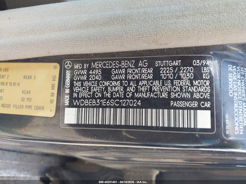 1995 Mercedes-benz E-class VIN WDBEB31E6SC127024 IAAI salvage auction — UNKNOWN, Clear (Mississippi), sold $1,125 on 2026-07-09 (photo 9)