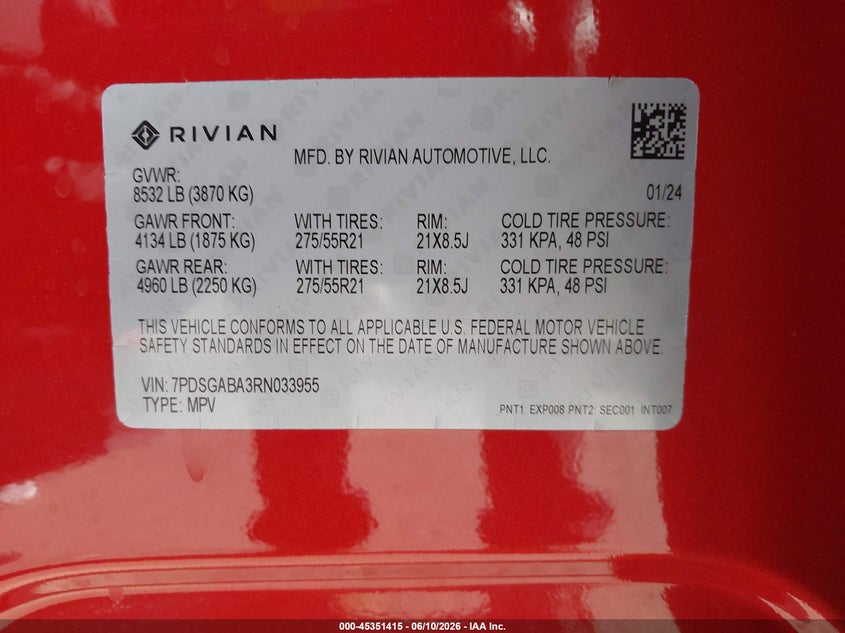 2024 Rivian R1s VIN 7PDSGABA3RN033955 IAAI salvage auction — BIO HAZARD, Salvage (California), sold $25 on 2026-07-29 (photo 9)