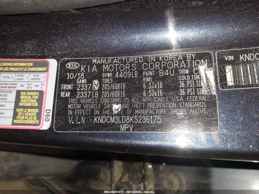 2019 Kia Niro VIN KNDCM3LD8K5236175 IAAI salvage auction — LEFT FRONT, Salvage (Pennsylvania), sold $2,350 on 2026-07-09 (photo 9)