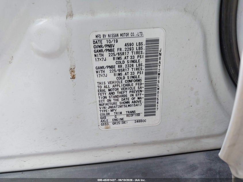 2020 Nissan Rogue VIN JN8AT2MT5LW015417 IAAI salvage auction — SIDE, Original (Texas), sold $4,150 on 2026-07-29 (photo 9)