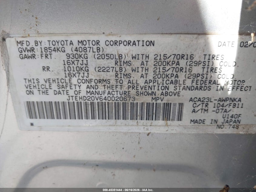 2004 Toyota Rav 4 VIN JTEHD20V640020673 IAAI salvage auction — ELECTRICAL, Salvage (Pennsylvania), sold $1,400 on 2026-07-15 (photo 9)