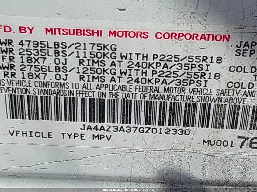 2016 Mitsubishi Outlander VIN JA4AZ3A37GZ012330 IAAI salvage auction — FRONT END, Clear (Virginia), sold $1,450 on 2026-07-18 (photo 9)