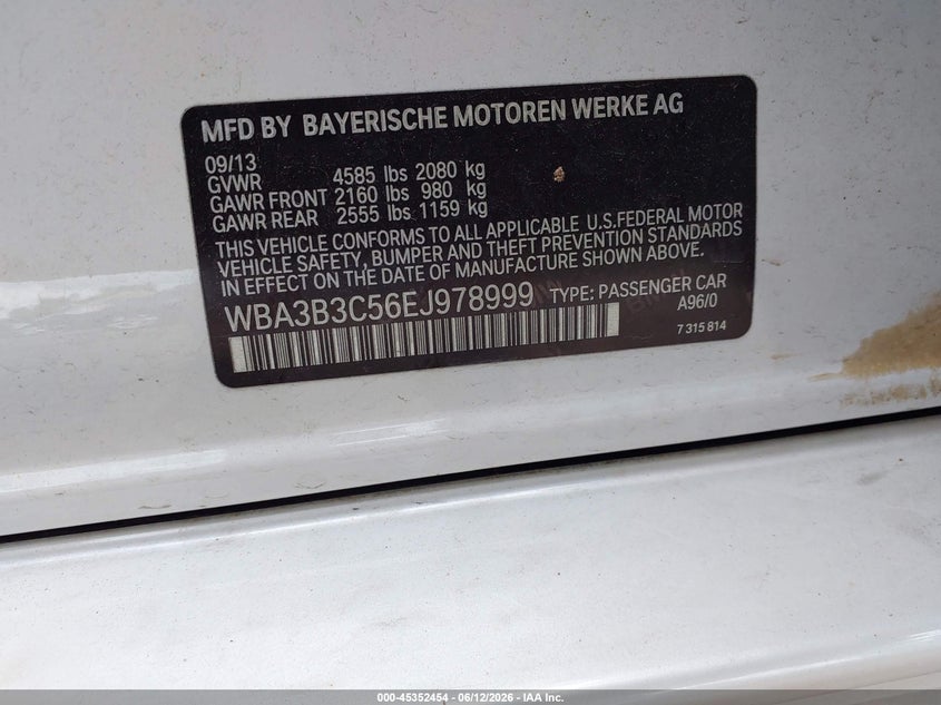 2014 BMW 3er VIN WBA3B3C56EJ978999 IAAI salvage auction — RIGHT FRONT, Salvage (Ohio), sold $1,800 on 2026-07-13 (photo 9)