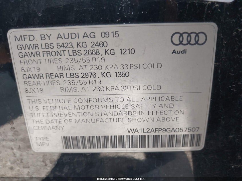 2016 Audi Q5 VIN WA1L2AFP9GA057507 IAAI salvage auction — REAR END, Salvage (Missouri), sold $1,900 on 2026-07-22 (photo 9)