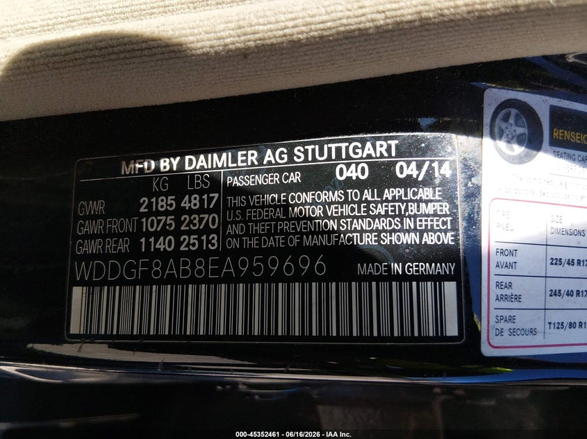 2014 Mercedes-benz VIN WDDGF8AB8EA959696 IAAI salvage auction — REAR END, Salvage Title, sold $1,450 on 2026-07-28 (photo 9)