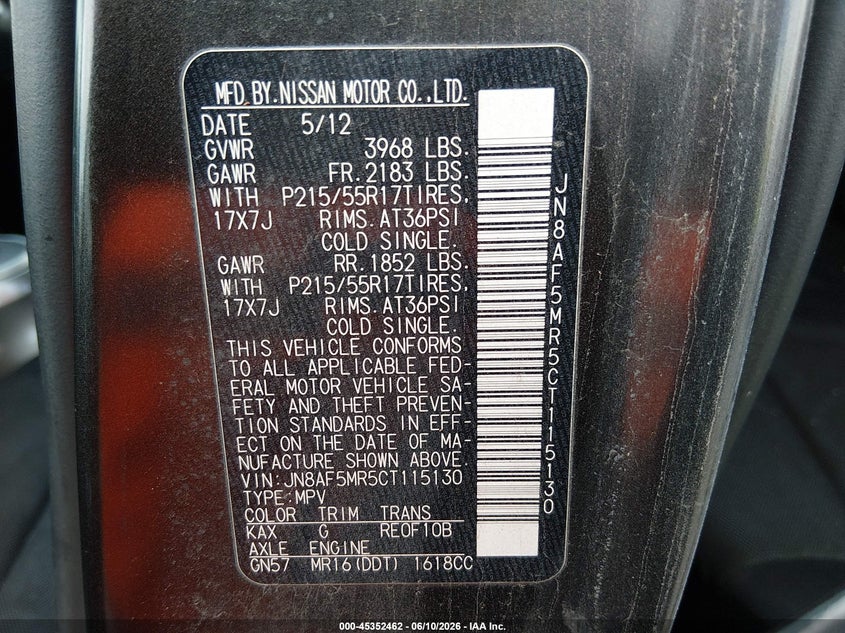 2012 Nissan Juke VIN JN8AF5MR5CT115130 IAAI salvage auction — NORMAL WEAR, Salvage Title, sold $475 on 2026-07-07 (photo 9)