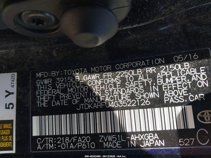 2016 Toyota Prius VIN JTDKARFU4G3522126 IAAI salvage auction — SIDE, Salvage (Massachusetts), sold $3,700 on 2026-07-10 (photo 9)