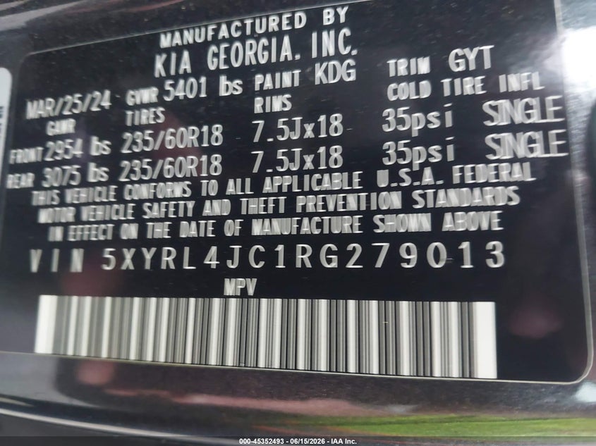 2024 Kia Sorento VIN 5XYRL4JC1RG279013 IAAI salvage auction — ROLLOVER, Salvage (Louisiana), sold $2,250 on 2026-07-30 (photo 9)