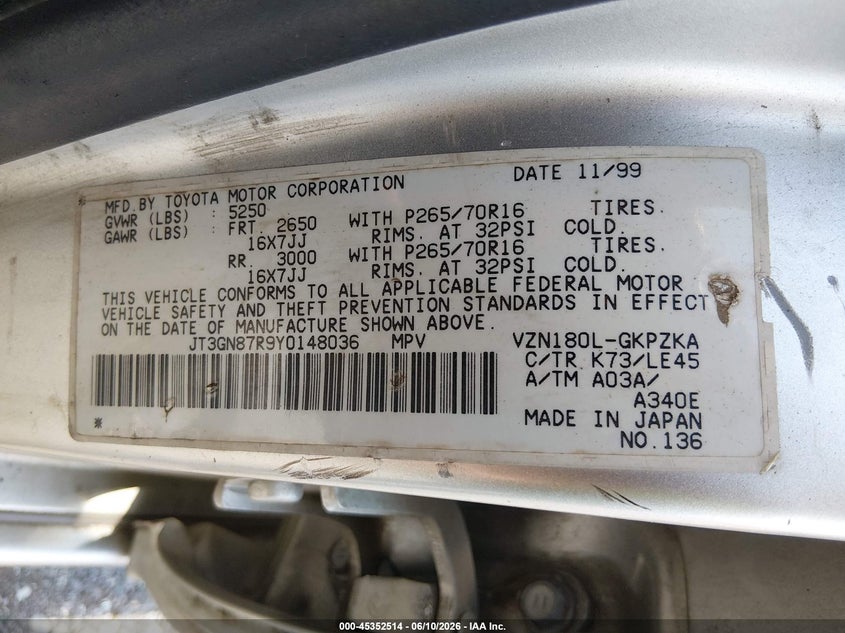 2000 Toyota 4runner VIN JT3GN87R9Y0148036 IAAI salvage auction — ROLLOVER, Clear (Tennessee), sold $350 on 2026-07-16 (photo 9)