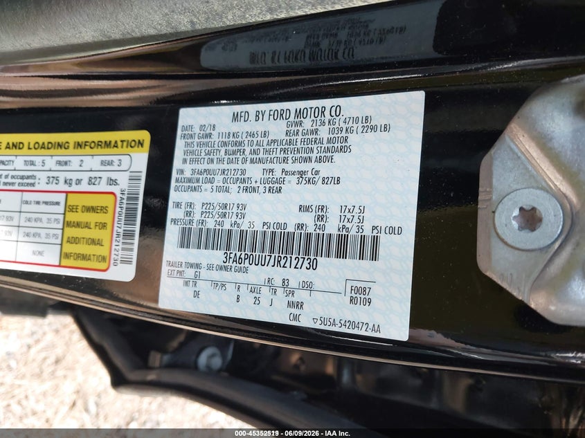 2018 Ford Fusion VIN 3FA6P0UU7JR212730 IAAI salvage auction — NORMAL WEAR, Sf97 (Virginia), sold $12,600 on 2026-07-22 (photo 9)