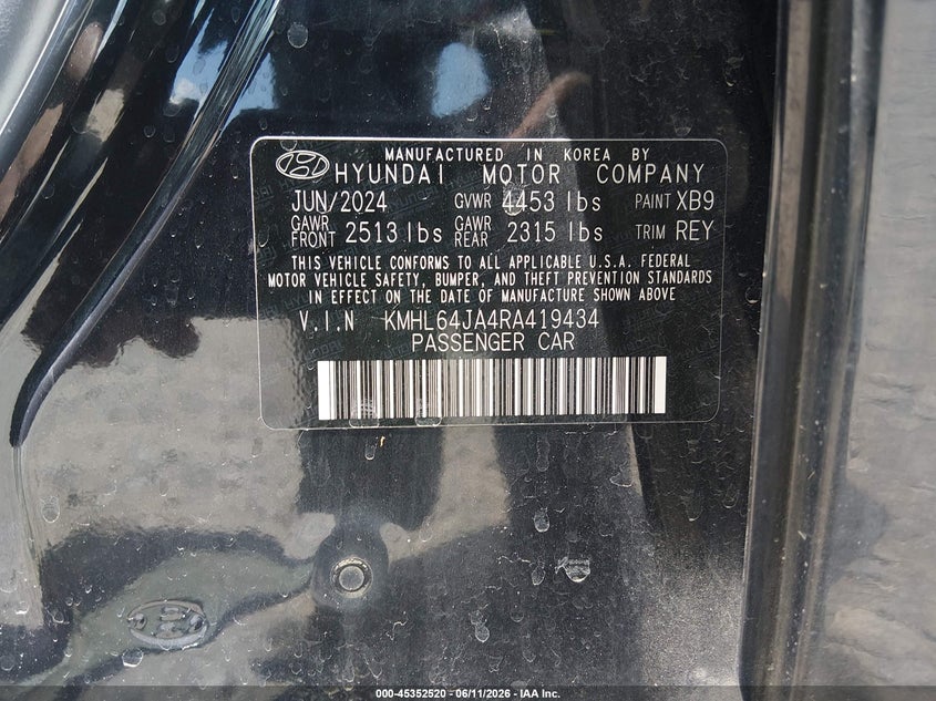 2024 Hyundai Sonata VIN KMHL64JA4RA419434 IAAI salvage auction — FRONT END, Salvage Title, sold $6,100 on 2026-07-29 (photo 9)