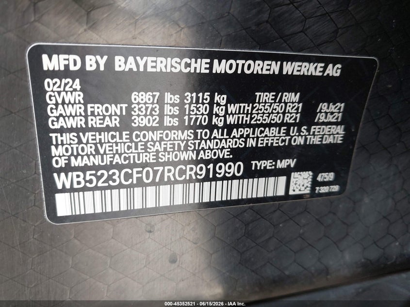 2024 BMW Ix VIN WB523CF07RCR91990 IAAI salvage auction — LEFT REAR, Wait Title, sold $30,850 on 2026-08-17 (photo 9)