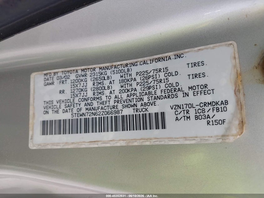 2002 Toyota Tacoma VIN 5TEWN72N62Z066987 IAAI salvage auction — FRONT END, Salvage (Idaho), sold $3,000 on 2026-07-13 (photo 9)