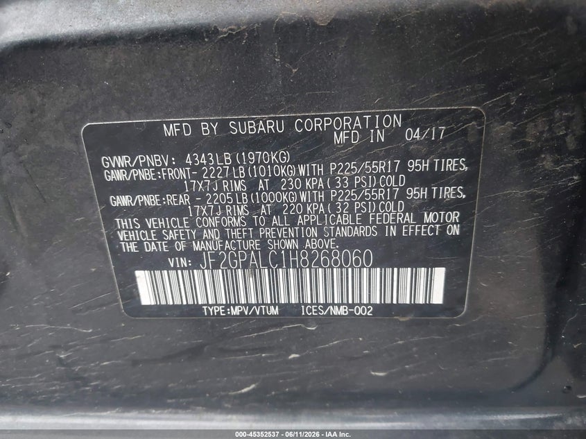 2017 Subaru VIN JF2GPALC1H8268060 IAAI salvage auction — FRONT END, Salvage (Pennsylvania), sold $1,325 on 2026-07-14 (photo 9)