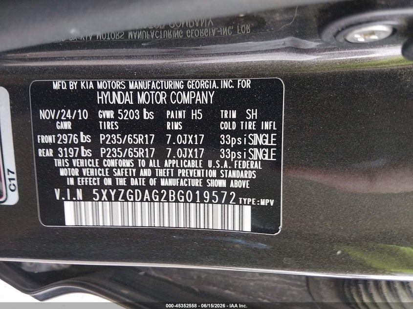 2011 Hyundai Santa fe VIN 5XYZGDAG2BG019572 IAAI salvage auction — NORMAL WEAR, Clear (Montana), sold $275 on 2026-07-29 (photo 9)