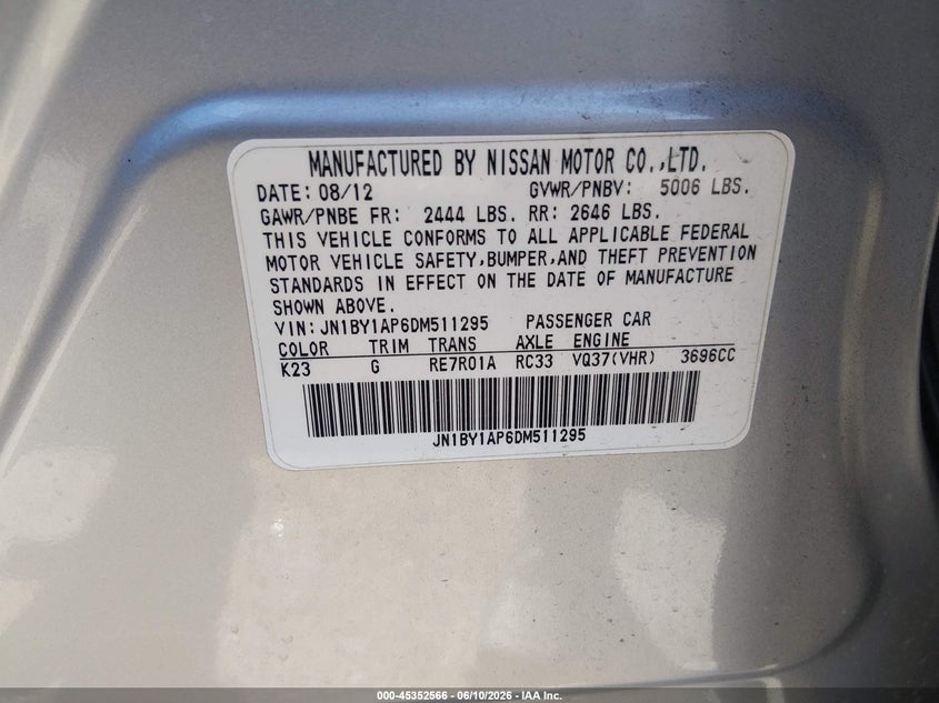2013 Infiniti M VIN JN1BY1AP6DM511295 IAAI salvage auction — SIDE, Salvage (Texas), sold $125 on 2026-07-28 (photo 9)