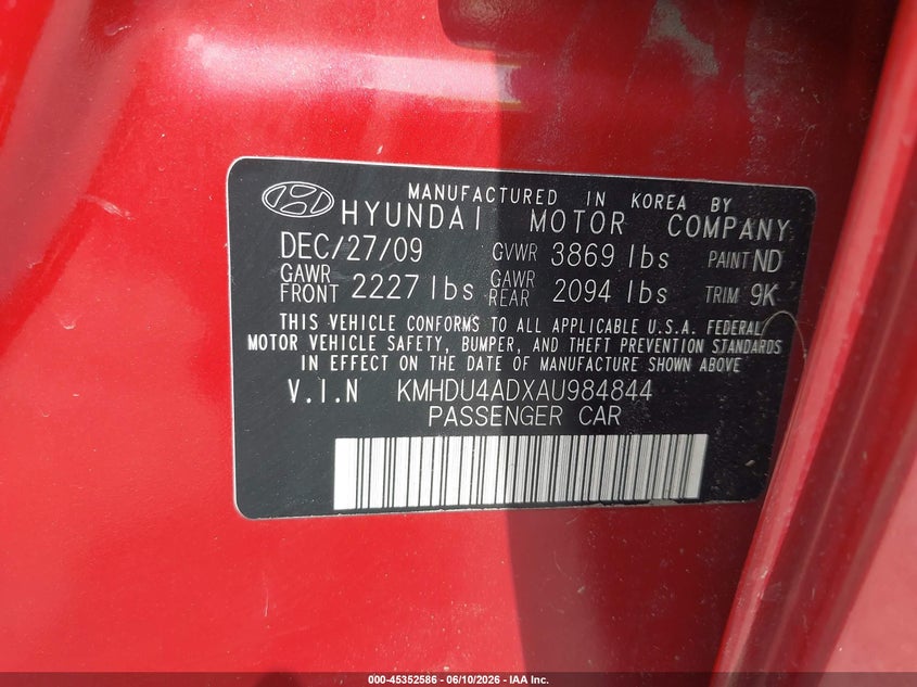 2010 Hyundai Elantra VIN KMHDU4ADXAU984844 IAAI salvage auction — RIGHT FRONT, Salvage (Missouri), sold $450 on 2026-07-28 (photo 9)