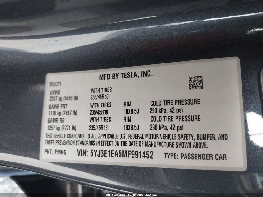 2021 Tesla Model 3 VIN 5YJ3E1EA5MF991452 IAAI salvage auction — NORMAL WEAR, Salvage (Florida), sold $5,575 on 2026-07-09 (photo 9)