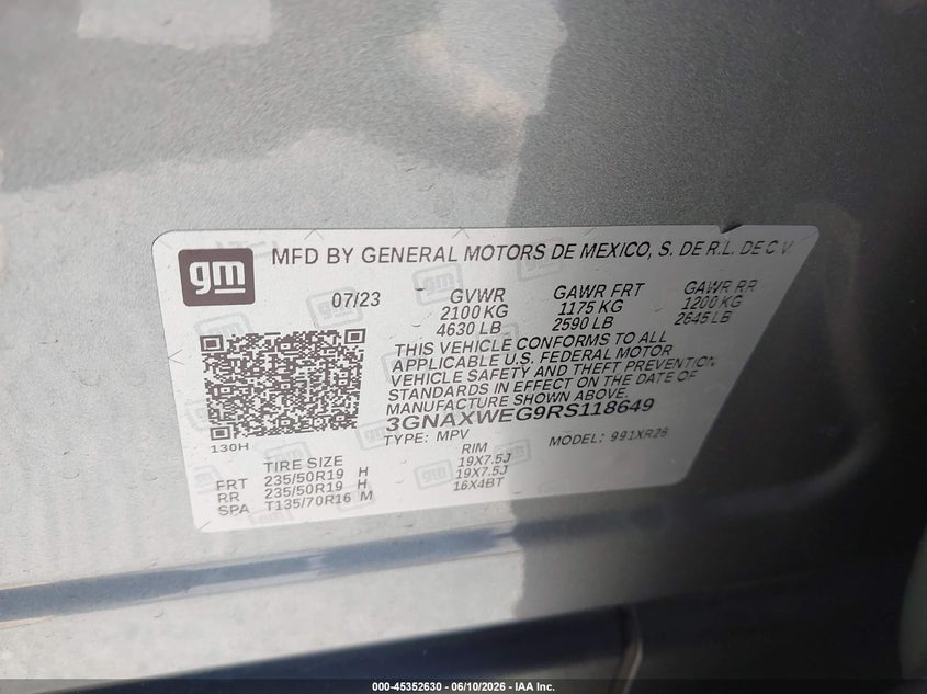 2024 Chevrolet Equinox VIN 3GNAXWEG9RS118649 IAAI salvage auction — REAR END, Wait Title, sold $7,400 on 2026-08-27 (photo 9)