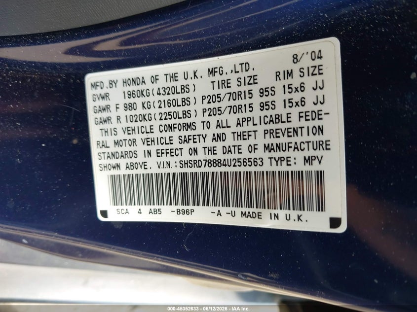 2004 Honda Cr-v VIN SHSRD78884U256563 IAAI salvage auction — FRONT END, Clear (Virginia), sold $1,200 on 2026-07-10 (photo 9)