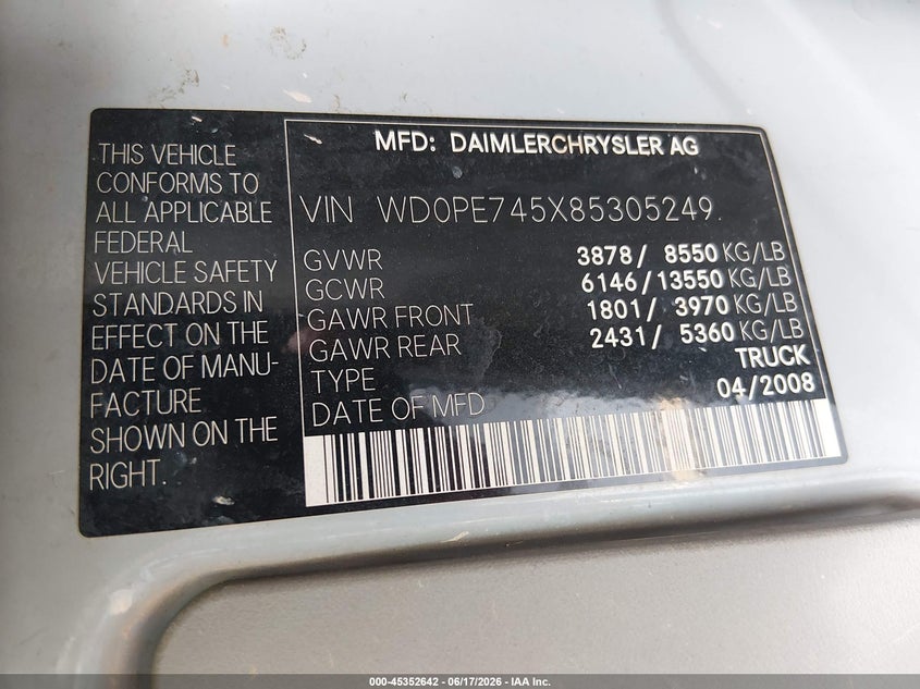 2008 Dodge Sprinter VIN WD0PE745X85305249 IAAI salvage auction — NORMAL WEAR, Clear (South Carolina), sold $300 on 2026-07-29 (photo 9)