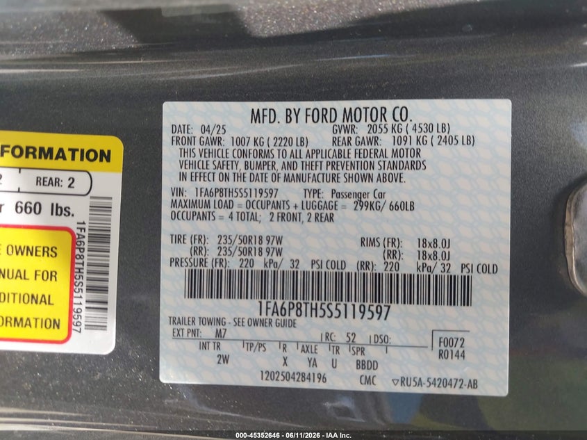 2025 Ford Mustang VIN 1FA6P8TH5S5119597 IAAI salvage auction — FRONT END, Salvage Title, sold $8,200 on 2026-07-29 (photo 9)