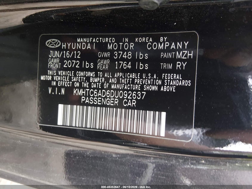 2013 Hyundai Veloster VIN KMHTC6AD6DU092637 IAAI salvage auction — FRONT END, Clear (Virginia), sold $650 on 2026-07-14 (photo 9)