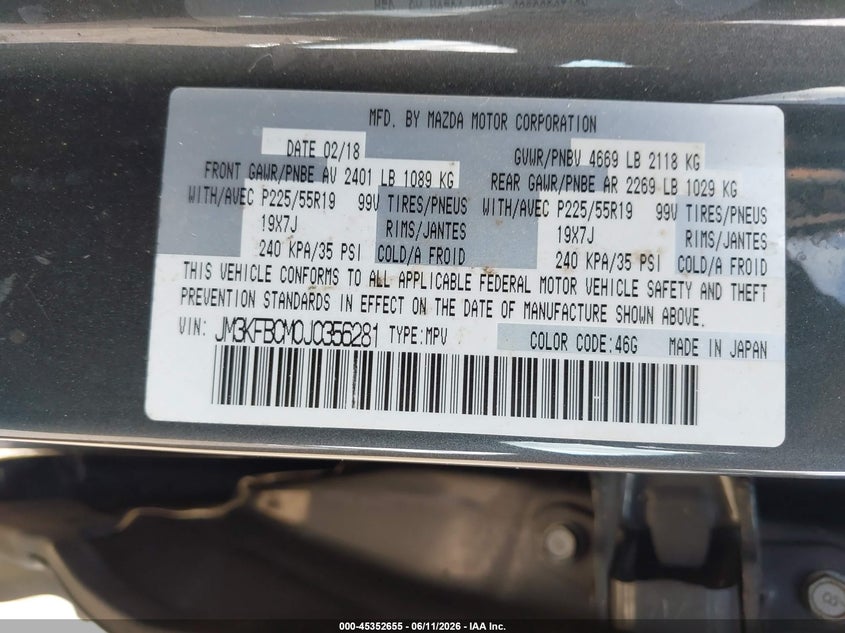 2018 Mazda Cx-5 VIN JM3KFBCM0J0356281 IAAI salvage auction — BIOHAZARD/CHEMICAL, Salvage (Utah), sold $4,050 on 2026-07-10 (photo 9)