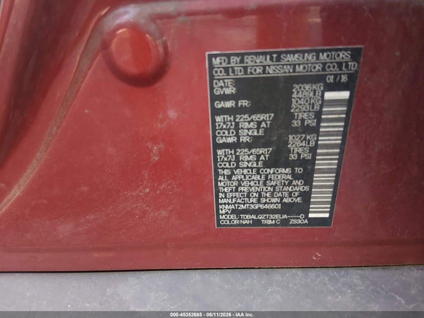 2016 Nissan Rogue VIN KNMAT2MT3GP646601 IAAI salvage auction — FRONT END, Salvage Title, sold $1,100 on 2026-07-14 (photo 9)