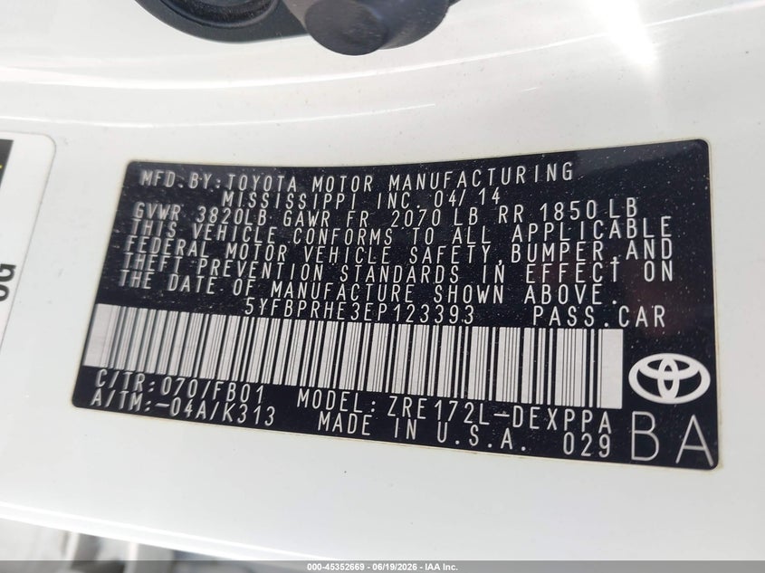 2014 Toyota Corolla VIN 5YFBPRHE3EP123393 IAAI salvage auction — RIGHT SIDE, Salvage (Arizona), sold $3,100 on 2026-07-09 (photo 9)