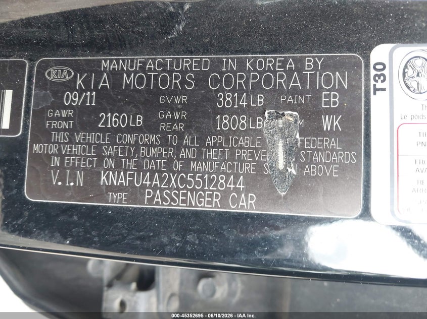 2012 Kia Forte VIN KNAFU4A2XC5512844 IAAI salvage auction — NORMAL WEAR, Clear (Georgia), sold $500 on 2026-07-17 (photo 9)