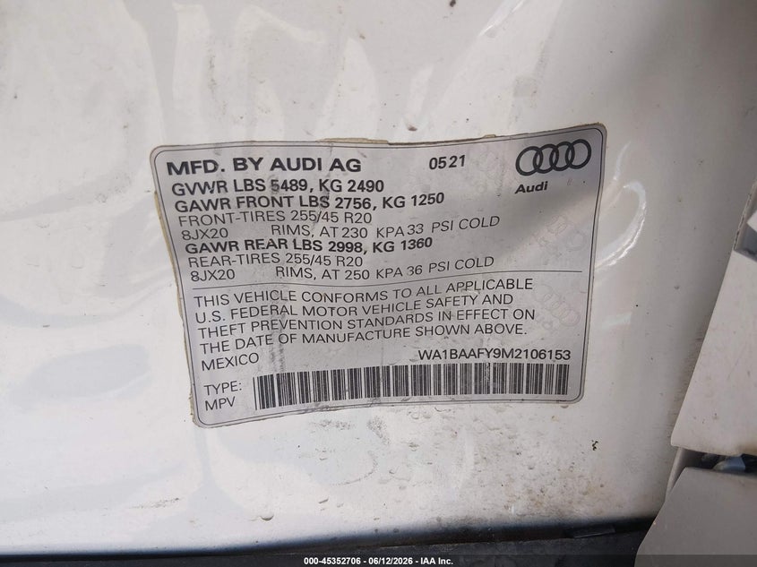 2021 Audi Q5 VIN WA1BAAFY9M2106153 IAAI salvage auction — ROLLOVER, Salvage (Louisiana), sold $3,625 on 2026-07-22 (photo 9)
