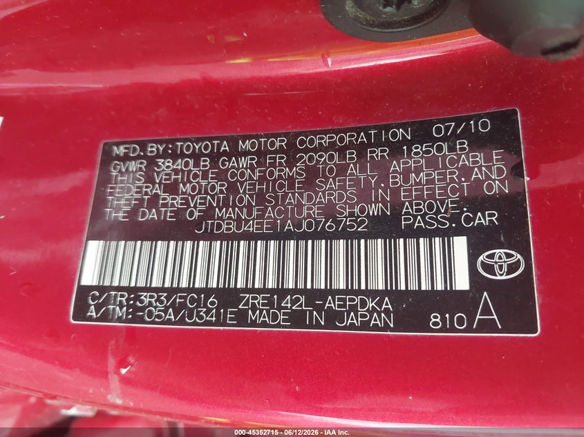 2010 Toyota Corolla VIN JTDBU4EE1AJ076752 IAAI salvage auction — LEFT SIDE, Clear (Tennessee), sold $750 on 2026-07-23 (photo 9)