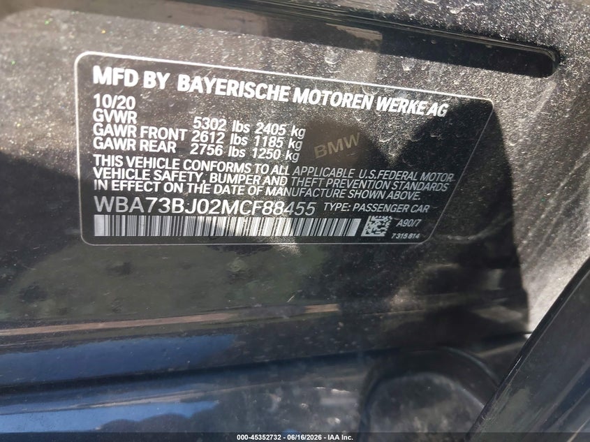 2021 BMW VIN WBA73BJ02MCF88455 IAAI salvage auction — RIGHT REAR, Salvage Title, sold $22,350 on 2026-08-11 (photo 9)