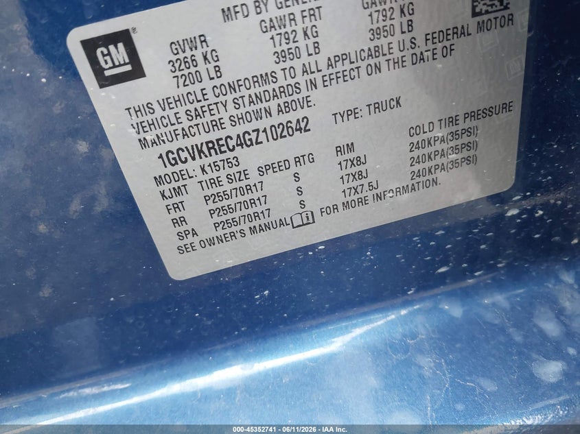 2016 Chevrolet Silverado VIN 1GCVKREC4GZ102642 IAAI salvage auction — FRONT & REAR, Clear (Michigan), sold $2,200 on 2026-07-17 (photo 9)