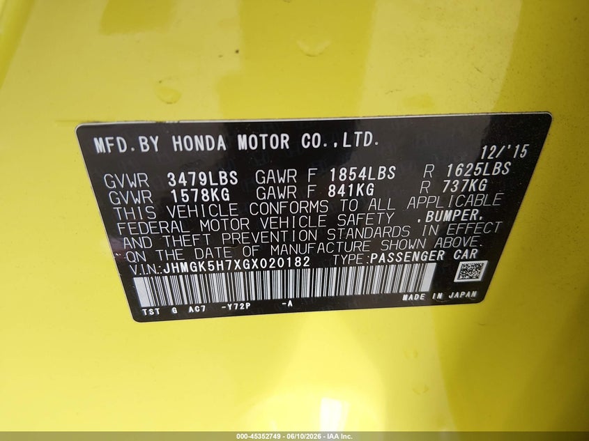 2016 Honda Fit VIN JHMGK5H7XGX020182 IAAI salvage auction — FRONT END, Clear (Virginia), sold $1,550 on 2026-07-06 (photo 9)