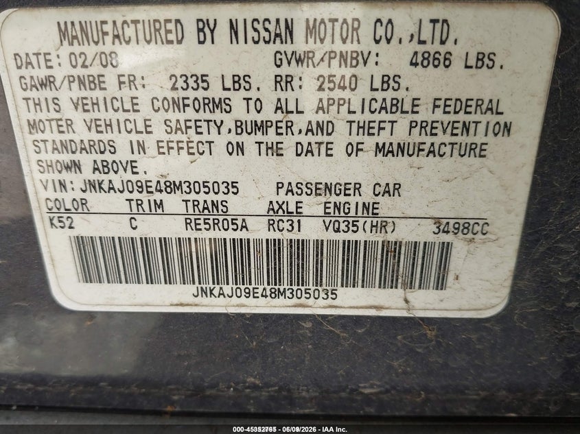 2008 Infiniti Ex VIN JNKAJ09E48M305035 IAAI salvage auction — NORMAL WEAR, Original (Texas), sold $425 on 2026-07-16 (photo 9)