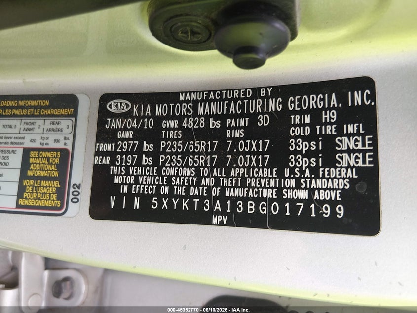 2011 Kia Sorento VIN 5XYKT3A13BG017199 IAAI salvage auction — NORMAL WEAR, Clear (Alabama), sold $775 on 2026-07-23 (photo 9)
