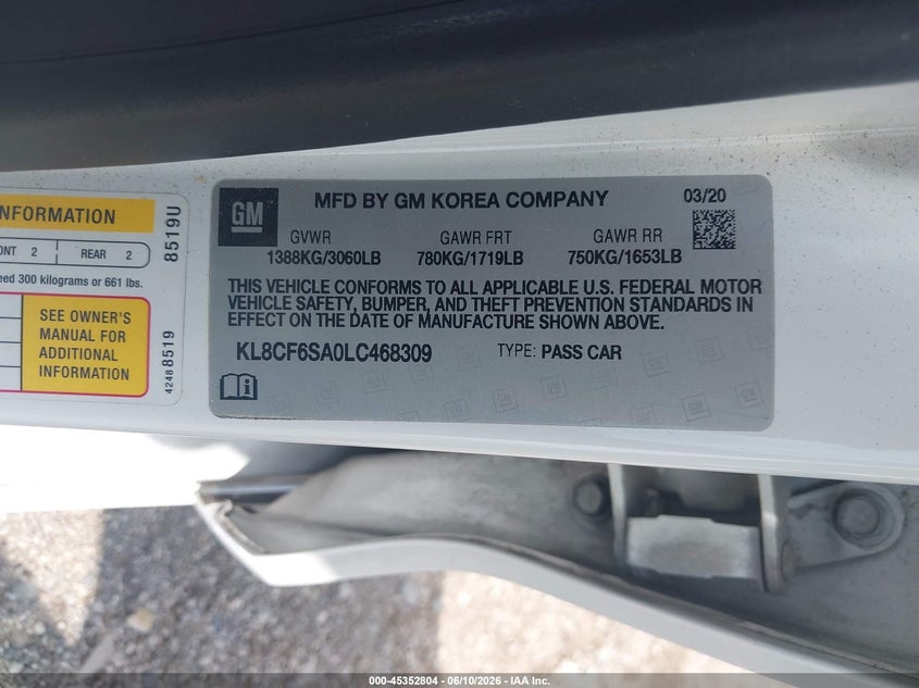 2020 Chevrolet Spark VIN KL8CF6SA0LC468309 IAAI salvage auction — FRONT END, Salvage Title, sold $1,300 on 2026-07-29 (photo 9)