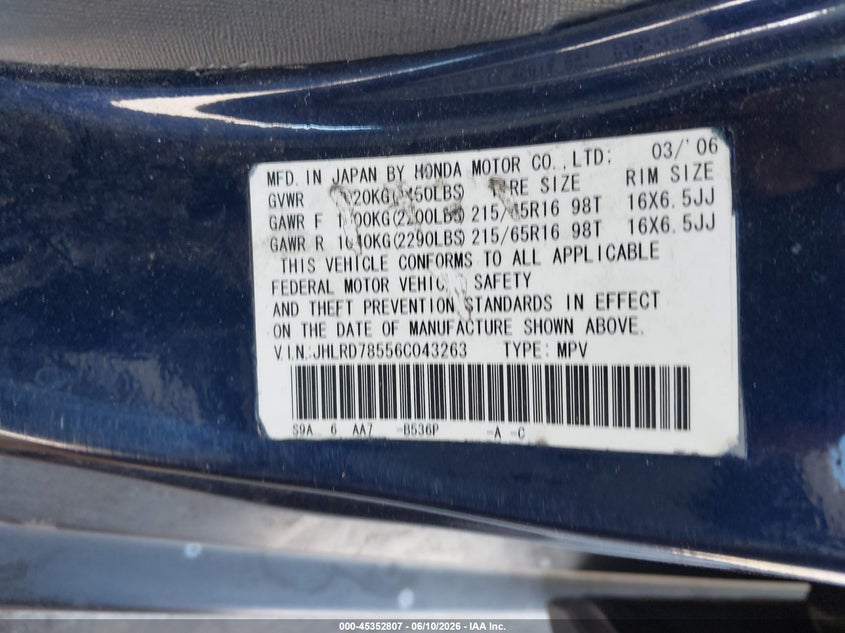 2006 Honda Cr-v VIN JHLRD78556C043263 IAAI salvage auction — NORMAL WEAR, Clear - Dealer Only (California), sold $1,200 on 2026-07-09 (photo 9)