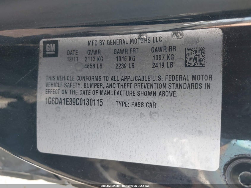 2012 Cadillac Cts VIN 1G6DA1E39C0130115 IAAI salvage auction — LEFT FRONT, Wait Title, sold $450 on 2026-09-20 (photo 9)