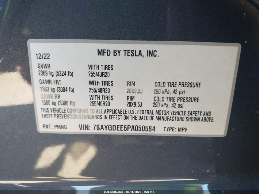 2023 Tesla Model y VIN 7SAYGDEE6PA050584 IAAI salvage auction — REAR END, Salvage Title, sold $10,000 on 2026-07-26 (photo 9)