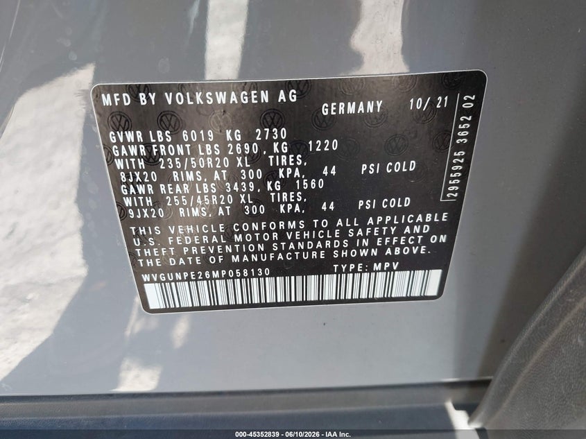 2021 Volkswagen Id.4 VIN WVGUNPE26MP058130 IAAI salvage auction — FRONT END, Salvage Title, sold $9,300 on 2026-07-17 (photo 9)